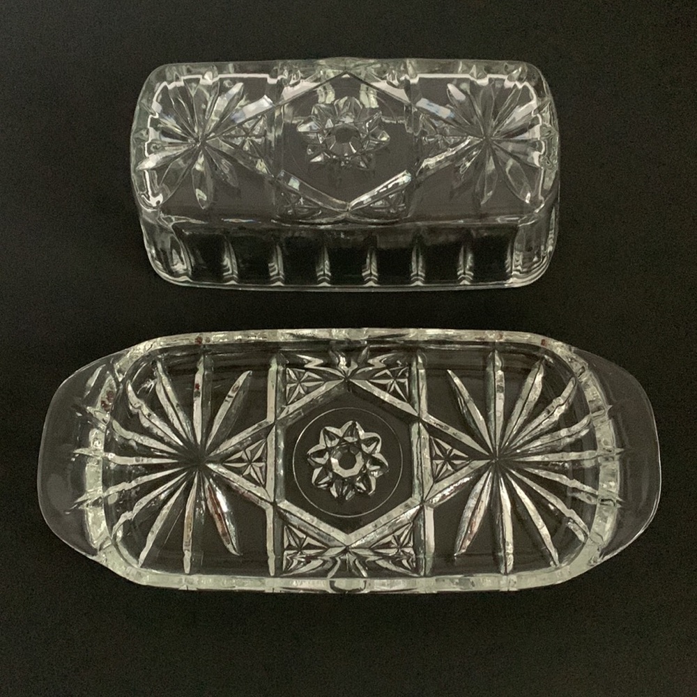 VTG Anchor Hocking Prescut Star Burst Butter Dish Glass With Lid Glass Clear